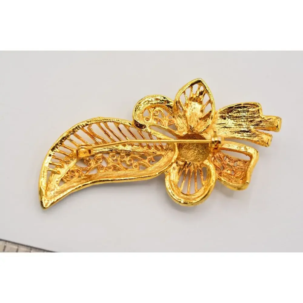 Vintage Flower Bow Pin Brooch Gold Silver Tone Antiqued Gunmetal Chunky 1980s 9B